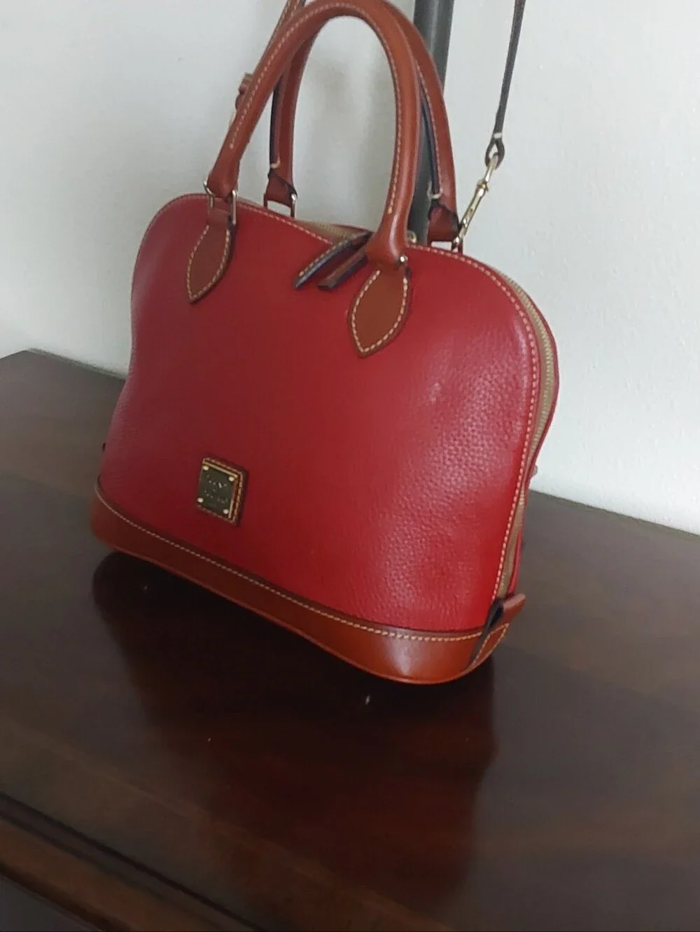 Dooney & Bourke Red Leather Satchel‎ with Tan Trim and Gold Hardware